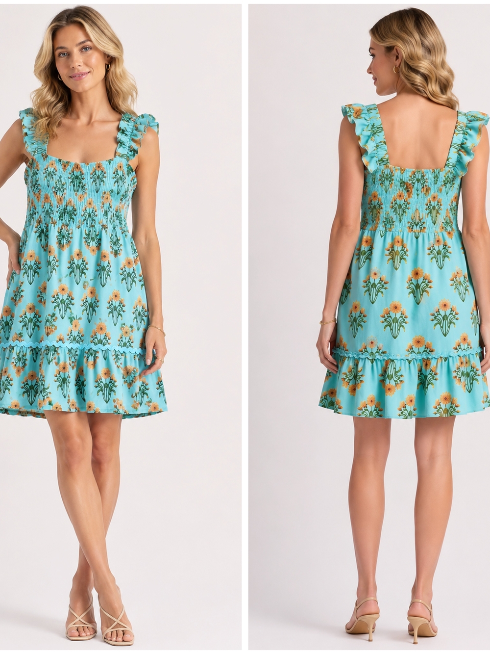 By The River, Smocked Daisy Floral Print Mini Dress in Blue And Orange